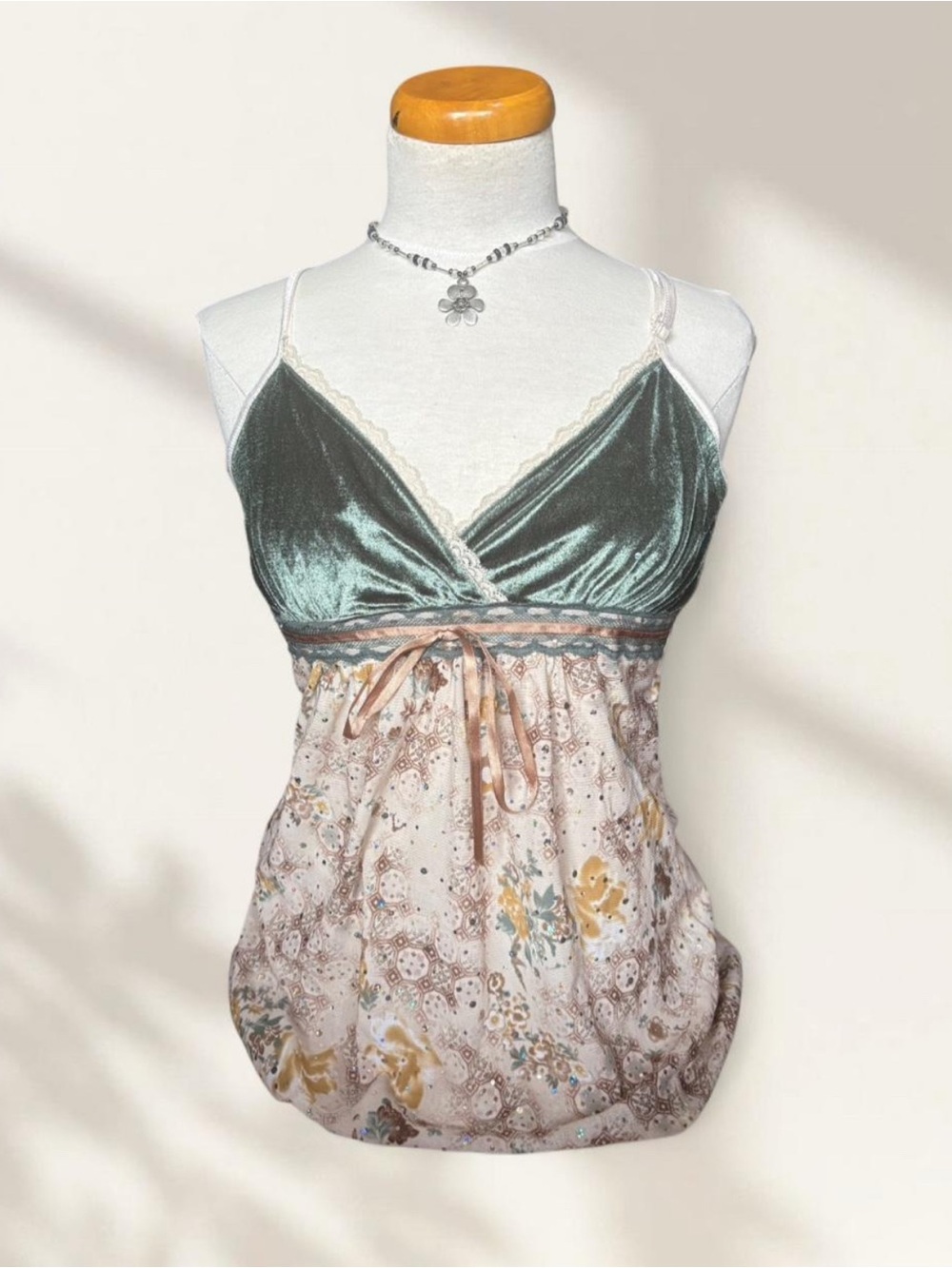 Velvet-Top Floral Camisole in Sage Green and Cream